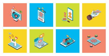 Social network concept of 3d isometric icons set. Pack with connecting and communicating online, chat with friends, commenting, likes and shares posts, sharing information links. Vector illustration.