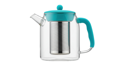 Glass teapot with turquoise lid and handle isolated, modern tea infuser for brewing loose leaf tea on a clean background