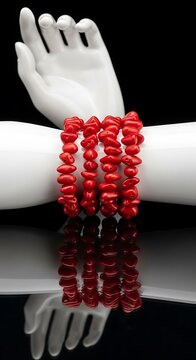 Red Coral Beaded Bracelets on Mannequin Hands.