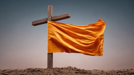 A cross is on a pole next to a large orange flag