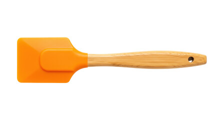 Orange silicone spatula with wooden handle isolated, kitchen utensil for cooking and baking on a transparent background