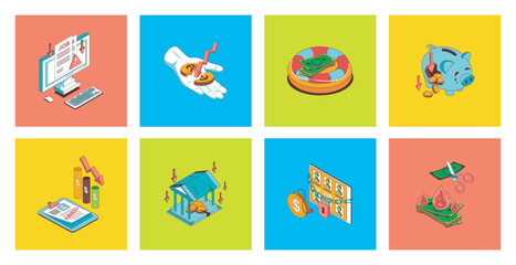 Unemployment and crisis concept of 3d isometric icons set. Pack with dismissal email to employee, financial problems and jobless, global economic recession and banking crash. Vector illustration.