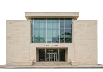 Public library building facade, isolated architectural design with stone and glass exterior for educational and community services