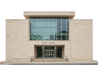 Public library building facade, isolated architectural design with stone and glass exterior for educational and community services