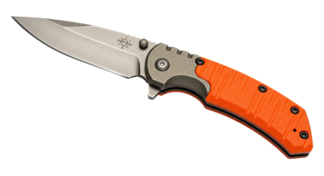 Folding pocket knife with orange handle isolated, stainless steel blade for outdoor survival and everyday carry, no background