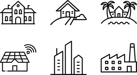 Set of 6 Minimal Line Icons of Houses, Buildings, and Architecture – Residential, Commercial, and Modern Real Estate Vector Illustrations on White Background