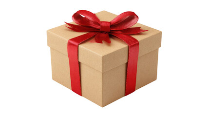 Obraz premium Brown gift box with red ribbon bow isolated on transparent background