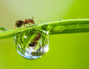 Naklejka premium Ants in a Dewdrop: Two ants collaborate on a blade of grass, the scene reflected in a pristine dewdrop, capturing a world of tiny detail and symbiotic cooperation.