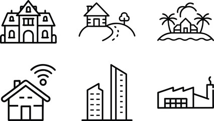 Set of 6 Minimal Line Icons of Houses, Buildings, and Architecture – Residential, Commercial, and Modern Real Estate Vector Illustrations on White Background