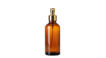 Amber glass spray bottle isolated, refillable container with gold sprayer for aromatherapy and essential oils, no background PNG