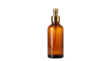 Amber glass spray bottle isolated, refillable container with gold sprayer for aromatherapy and essential oils, no background PNG