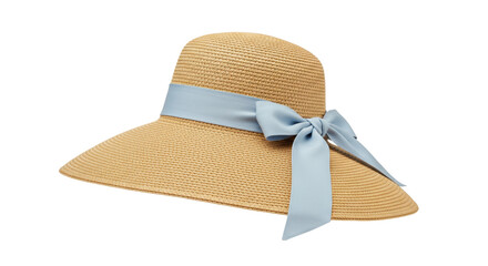 Elegant straw sun hat with blue ribbon isolated on white, stylish summer headwear for sun...