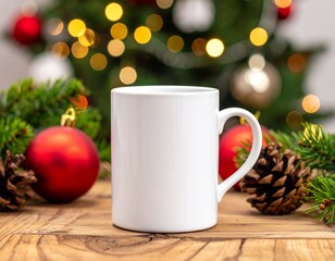 Christmas ceramic mug mockup on rustic wooden table with pine branches, red ornaments, and warm festive lights – holiday template