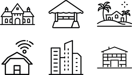 Set of 6 Minimal Line Icons of Houses, Buildings, and Architecture – Residential, Commercial, and Modern Real Estate Vector Illustrations on White Background