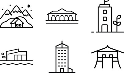 Set of 6 Minimal Line Icons of Houses, Buildings, and Architecture – Residential, Commercial, and Modern Real Estate Vector Illustrations on White Background