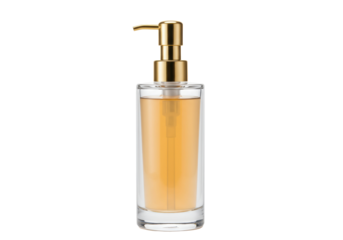 Elegant glass soap dispenser with golden pump isolated, filled with amber liquid for bathroom or kitchen on transparent background