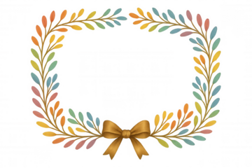 Watercolor floral wreath with colorful leaves and golden bow, clear background for decoration and frames