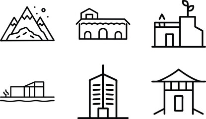 Set of 6 Minimal Line Icons of Houses, Buildings, and Architecture – Residential, Commercial, and Modern Real Estate Vector Illustrations on White Background