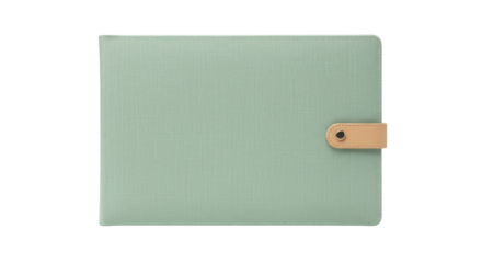 Light green fabric notebook with tan leather closure isolated on transparent background, minimalist style journal for office or school