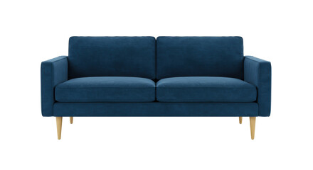 Modern blue loveseat isolated on white, contemporary two-seater sofa with wooden legs for living room furniture and home decor