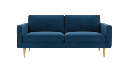 Modern blue loveseat isolated on white, contemporary two-seater sofa with wooden legs for living room furniture and home decor