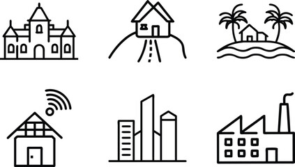 Set of 6 Minimal Line Icons of Houses, Buildings, and Architecture – Residential, Commercial, and Modern Real Estate Vector Illustrations on White Background