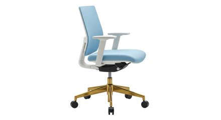 Modern light blue office chair isolated on white, ergonomic seating for work from home and corporate environments PNG