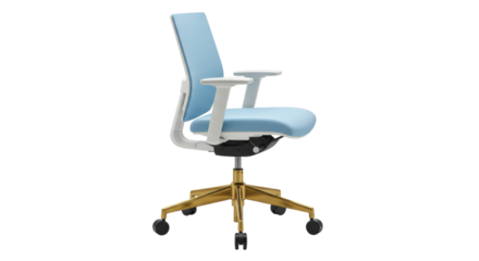 Modern light blue office chair isolated on white, ergonomic seating for work from home and corporate environments PNG