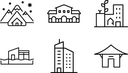 Set of 6 Minimal Line Icons of Houses, Buildings, and Architecture – Residential, Commercial, and Modern Real Estate Vector Illustrations on White Background