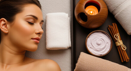 Relaxing spa day with aromatherapy candle and beautiful woman for wellness promotion