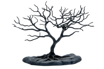 Gnarled bare tree branches isolated on transparent background. Dead tree for Halloween decoration isolated on white background.