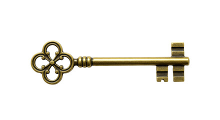 Antique brass key isolated on transparent background, vintage ornate skeleton key for treasure chest and secret door