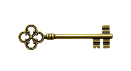 Antique brass key isolated on transparent background, vintage ornate skeleton key for treasure chest and secret door