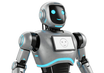 Friendly silver robot with screen isolated on transparent PNG, futuristic android for technology and artificial intelligence concepts