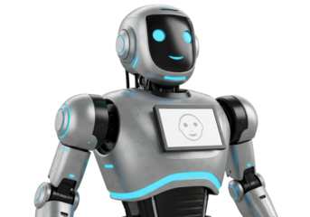 Friendly silver robot with screen isolated on transparent PNG, futuristic android for technology and artificial intelligence concepts
