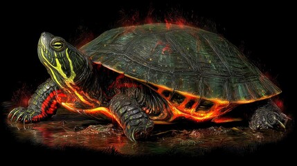 Naklejka premium A fiery, detailed rendering of a turtle, bathed in vibrant orange and red lava-like hues, set against a dark backdrop.