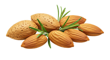 Pile of almonds with rosemary isolated on transparent background, healthy snack food for vegan and vegetarian diet