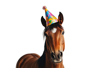 Funny horse wearing a party hat isolated on transparent background. Cheerful horse wearing a colorful birthday hat against a plain isolated on white background.