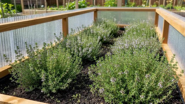 Closeup medium shot capturing fragrant thyme sprouting in neatly arranged rows within a weatherresistant cold frame showing healthy growth.