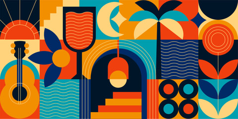 Orange and Blue Geometric Seamless Mosaic. Modern Art Deco Abstract Pattern in Trendy Colors