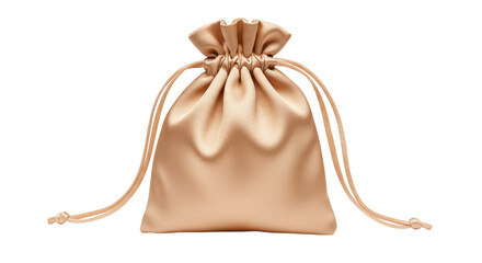 Elegant champagne-colored satin drawstring bag isolated, small pouch for jewelry or gifts on...
