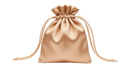 Elegant champagne-colored satin drawstring bag isolated, small pouch for jewelry or gifts on transparent background