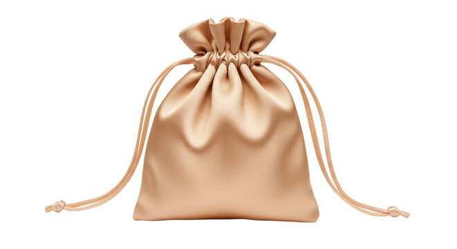 Elegant champagne-colored satin drawstring bag isolated, small pouch for jewelry or gifts on transparent background