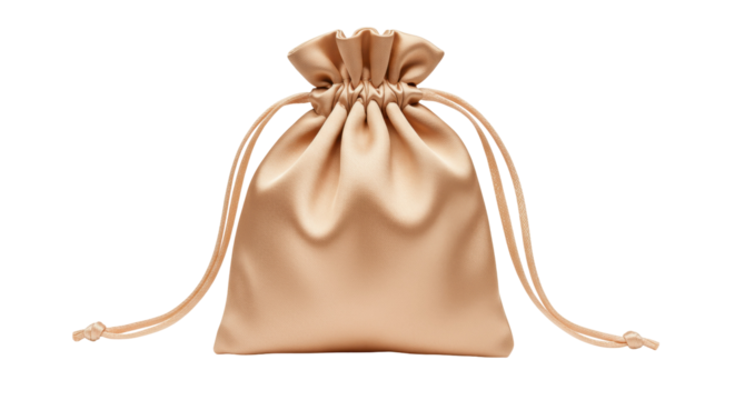 Elegant champagne-colored satin drawstring bag isolated, small pouch for jewelry or gifts on transparent background