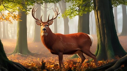 Majestic red deer stag standing in a dense forest – detailed fur, prominent antlers, and soft natural lighting filtering through trees.