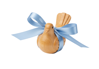 Wooden dove with blue ribbon isolated, handmade bird figurine for baptism favors and baby shower decorations PNG