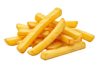 Pile of golden French fries isolated on transparent background, crispy fried potatoes for fast food menus and snack cravings