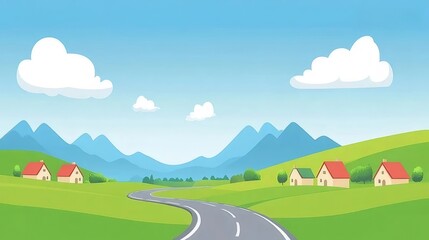 ピクセルアート緑の野原と山の風景イラスト