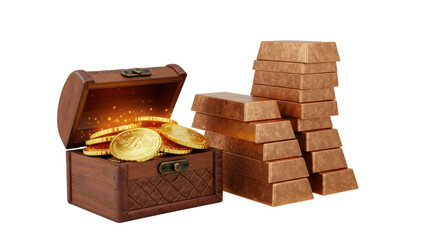 Treasure chest with gold coins and gold bars isolated on white, wealth concept for finance, investment, and cryptocurrency PNG