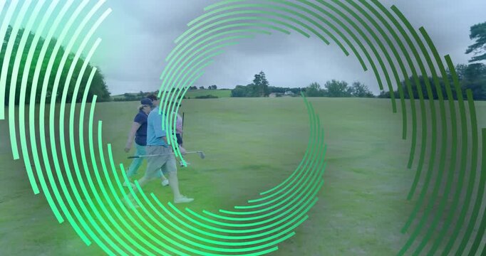 Male and female golfers with clubs heading next hole while swirling overlay animating around group